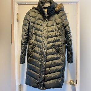 Michael Kors Women Large Down Puffer Jacket Coat Hooded Olive Green Gold Zip